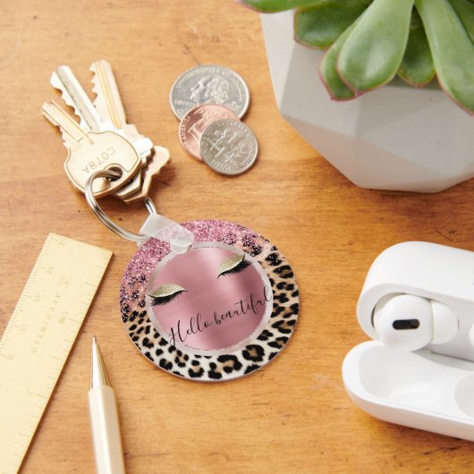 グリッジピンクグリッター金ゴールドまつ毛ヒョウ キーホルダー (デスク)