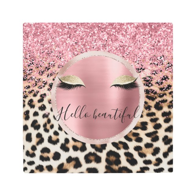 グリッジピンクグリッター金ゴールドまつ毛ヒョウ メタルプリント (正面)