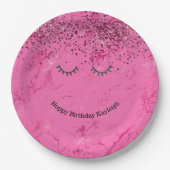 グリッジブラックアイドラッシュピンクグリッター誕生日 ペーパープレート (正面)