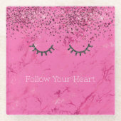 グリッジブラックアイドラッシュピンクマーブルグリッター ガラスコースター (正面)