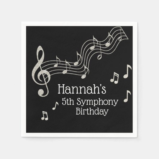 グリッジブラック&ホワイトミュージカルノート誕生日 スタンダードカクテルナプキン (正面)