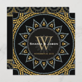 グリッタティサンフラワーブラック金ゴールド結婚式招待状 招待状 (正面/裏面)