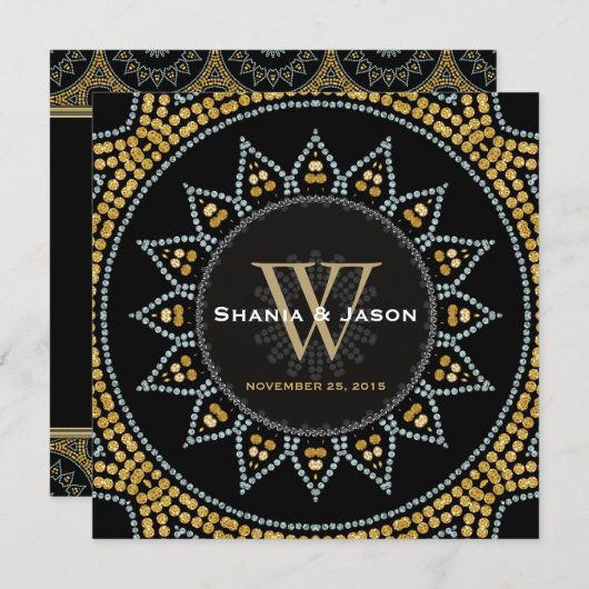 グリッタティサンフラワーブラック金ゴールド結婚式招待状 招待状 (正面/裏面)