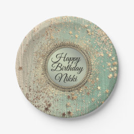 グリッタリースターダストオングリーンティール（緑がかった色）誕生日カスタム ペーパープレート