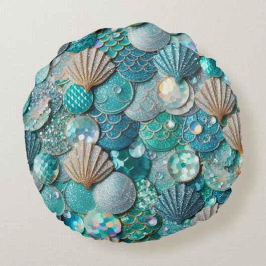 グリッタリーティール(緑がかった色)マーメイドテールはかりで測プリント ラウンドクッション (裏面)