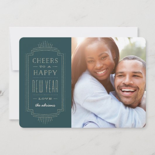 グリッタリーデコニューイヤーホリデーカード – ティール（緑がかった色） シーズンカード (正面)