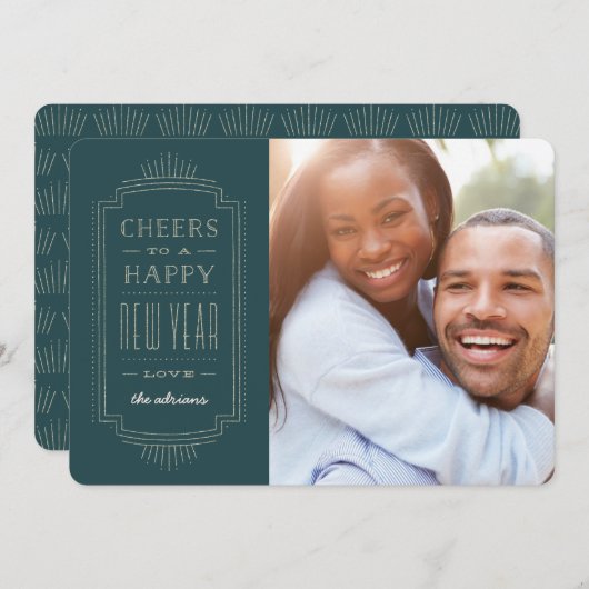 グリッタリーデコニューイヤーホリデーカード – ティール(緑がかった色) シーズンカード (正面/裏面)