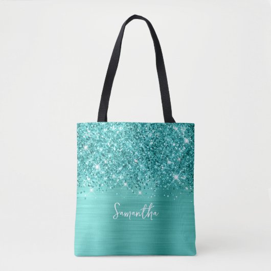 グリッタリートゥルコイズティール(緑がかった色)グラムネーム トートバッグ (正面)