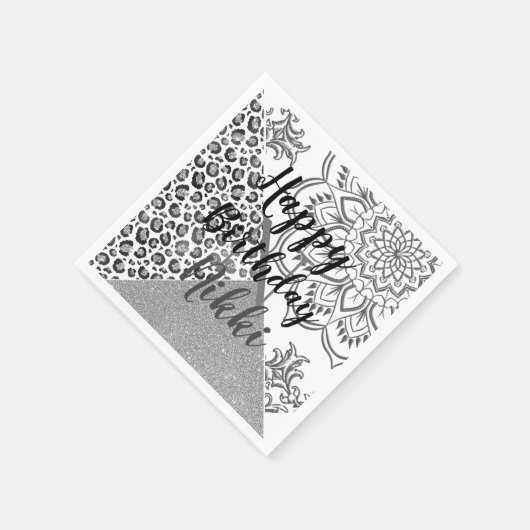 グリッタリーマンダラレオパードパーソナライズされた誕生日 スタンダードカクテルナプキン (角)