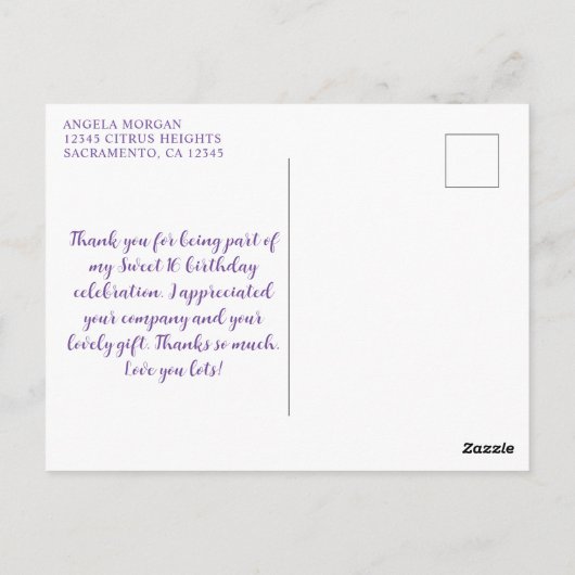 グリッタリーラベンダースウィート16ハートありがとう ポストカード (裏面)