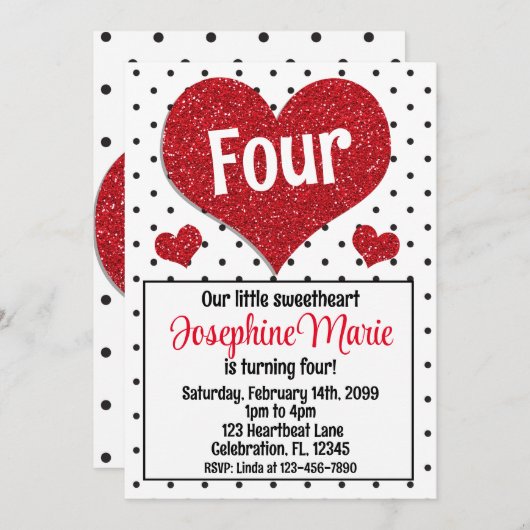 グリッタリー赤いハートスウィートアニーエイジ誕生日 招待状 (正面/裏面)