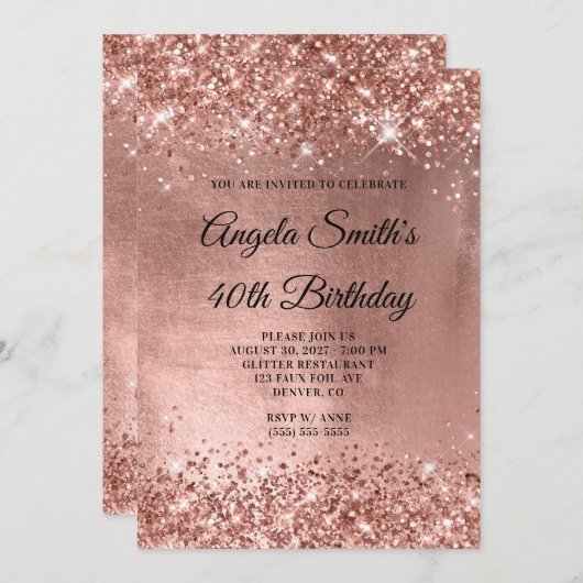 グリッタリー ローズゴールド シャイニー フォイル 40歳の誕生日 招待状 (正面/裏面)