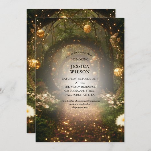 グリッターおとぎ話に魅了された森の赤ちゃんシャワー 招待状 (正面/裏面)