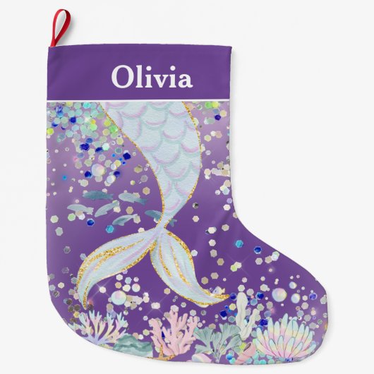 グリッターお洒落マーメイドビーチザシーアンダーザシー ラージクリスマスストッキング (正面)