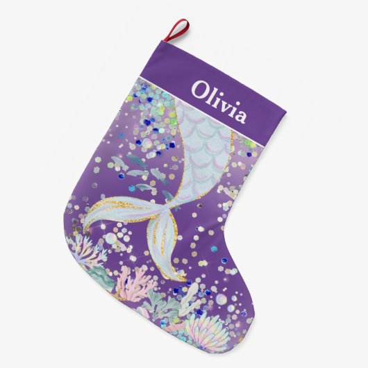 グリッターお洒落マーメイドビーチザシーアンダーザシー ラージクリスマスストッキング (正面 (吊り時))
