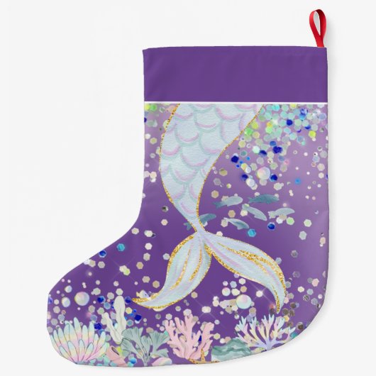 グリッターお洒落マーメイドビーチザシーアンダーザシー ラージクリスマスストッキング (裏面)