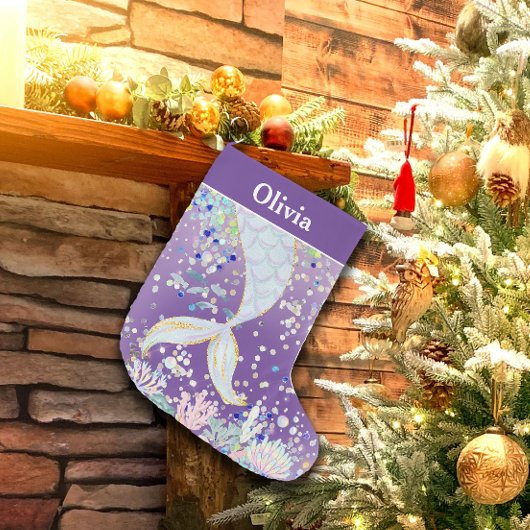 グリッターお洒落マーメイドビーチザシーアンダーザシー ラージクリスマスストッキング