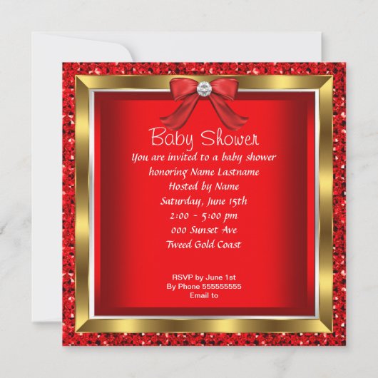 グリッターかわいいベビーシューベビーシャワーガールレッド 招待状 (裏面)