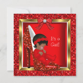 グリッターかわいいベビーシューベビーシャワーガールレッド 招待状 (正面)