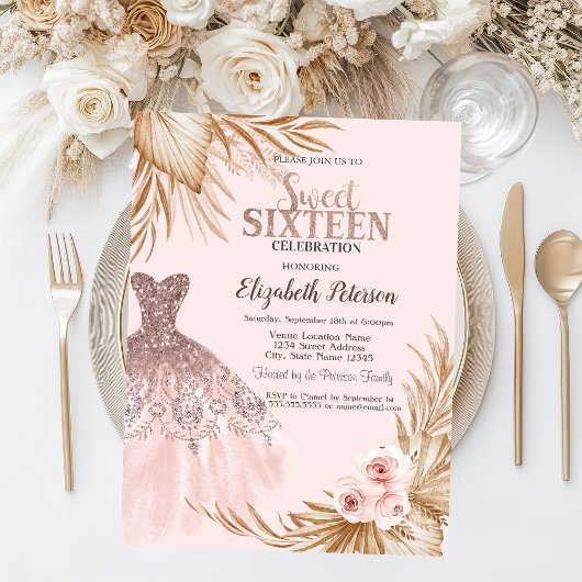 グリッターかわいらしドリップ、ドレス、パンパスピンクスウィート16 招待状