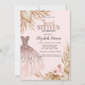 グリッターかわいらしドリップ、ドレス、パンパスピンクスウィート16 招待状 (正面)
