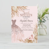 グリッターかわいらしドリップ、ドレス、パンパスピンクスウィート16 招待状 (スタンド正面)