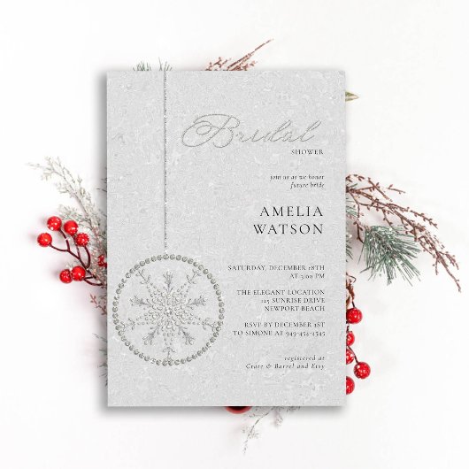 グリッターきらきら光るスノーフレークホワイトウィンターブライダルシャワー 招待状