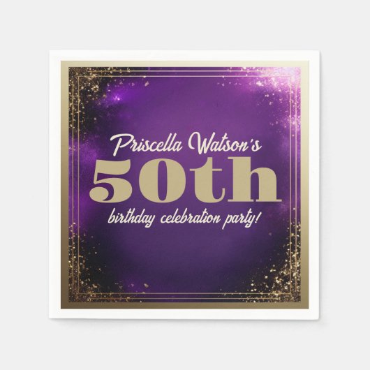 グリッターきらめくパープルと金ゴールド誕生日パーティー スタンダードカクテルナプキン (正面)