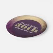 グリッターきらめくパープルと金ゴールド誕生日パーティー ペーパープレート (アングル)