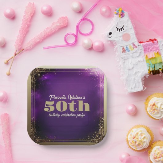 グリッターきらめくパープルと金ゴールド誕生日パーティー ペーパープレート (パーティー)