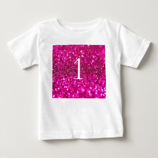 グリッターきらめくピンク1stグラマー誕生日女の子 ベビーTシャツ (正面)