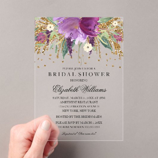 グリッターきらめくフローラアメジストブライダルシャワー アクリル招待状 (インサイチュ (ポータブル))