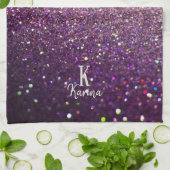 グリッターきらめく紫の銀名モノグラムの キッチンタオル (折り畳み)