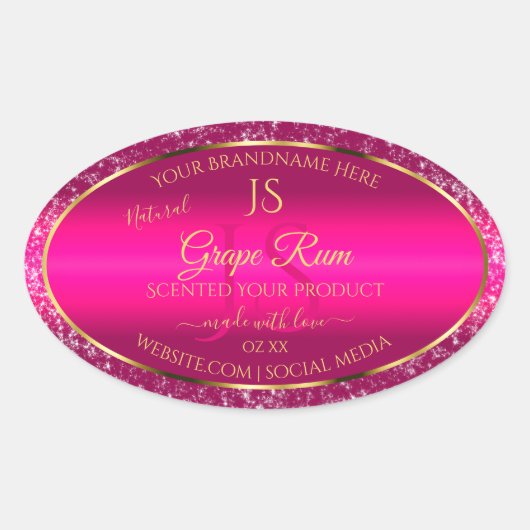 グリッターとイニシャル付きピンクゴールド製品ラベル 楕円形シール (正面)