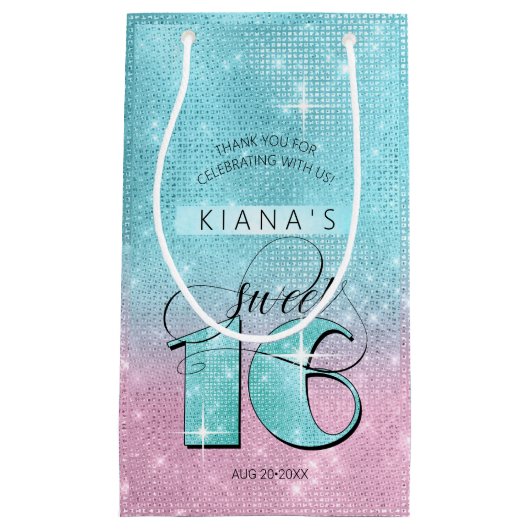 グリッターとシャインスウィート16ティール（緑がかった色）/ピンクID675 スモールペーパーバッグ (正面)