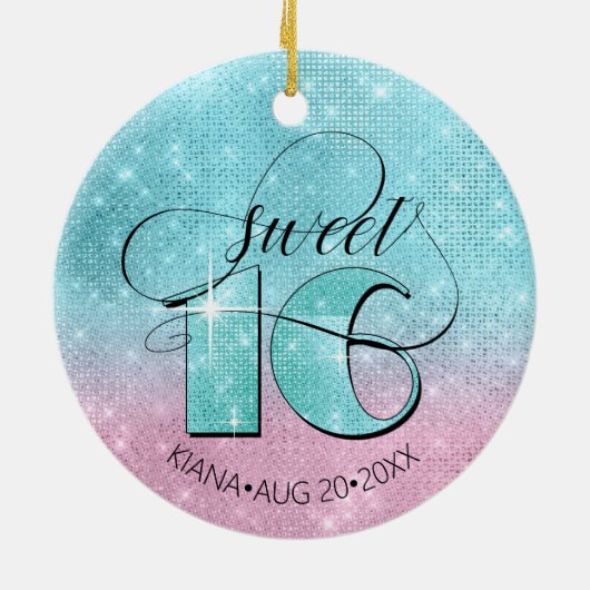 グリッターとシャインスウィート16ティール（緑がかった色）/ピンクID675 セラミックオーナメント (裏面)