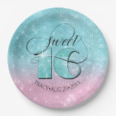 グリッターとシャインスウィート16ティール（緑がかった色）/ピンクID675 ペーパープレート (正面)