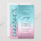 グリッターとシャインスウィート16ティール（緑がかった色）/ピンクID675 招待状 (正面)