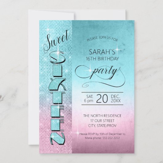 グリッターとシャインスウィート16ティール(緑がかった色)/ピンクID675 招待状 (正面)