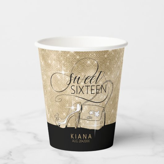グリッターとシャインスウィート16 V2ブラック/金ゴールドID675 紙コップ (正面)