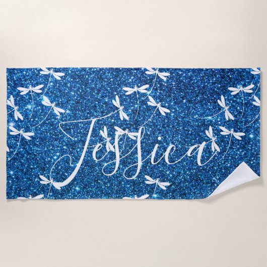 グリッターとトンボパーソナライズされたビーチタオル ビーチタオル (正面)