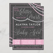 グリッターとパールベビーシャワー招待状ピンク 招待状 (正面/裏面)