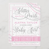 グリッターとパールベビーシャワー招待状ピンク 招待状 (正面/裏面)