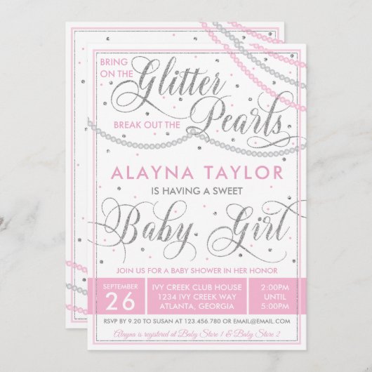 グリッターとパールベビーシャワー招待状ピンク 招待状 (正面/裏面)