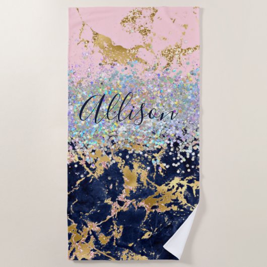 グリッターと大理石パーソナライズされた ビーチタオル (正面)