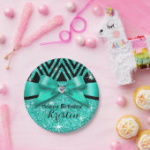 グリッターのシェブロンのきらきら光るなダイヤモンドの弓|ティール（緑がかった色） ペーパープレート (パーティー)