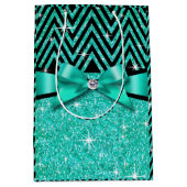 グリッターのシェブロンのきらきら光るなダイヤモンドの弓|ティール(緑がかった色) ミディアムペーパーバッグ (正面)