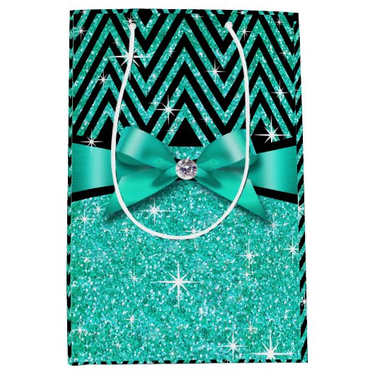 グリッターのシェブロンのきらきら光るなダイヤモンドの弓|ティール（緑がかった色） ミディアムペーパーバッグ (正面)