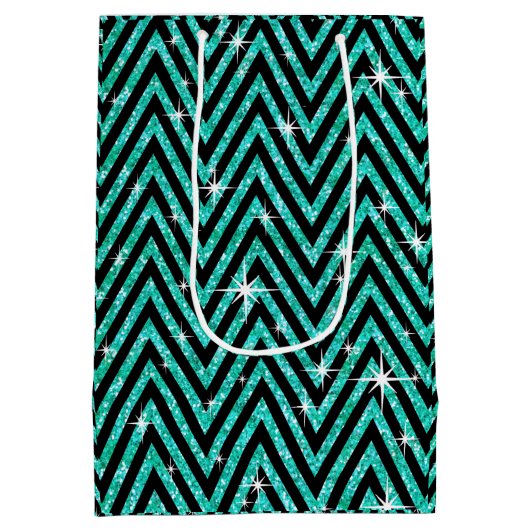 グリッターのシェブロンのきらきら光るなダイヤモンドの弓|ティール（緑がかった色） ミディアムペーパーバッグ (裏面)
