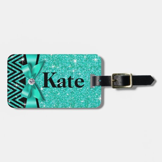 グリッターのシェブロンのきらきら光るなダイヤモンドの弓|ティール(緑がかった色) ラゲッジタグ (正面横)